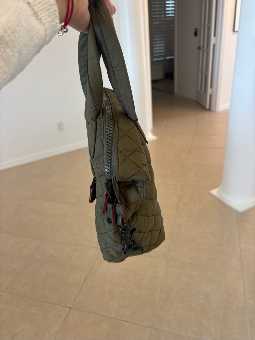 Quilted Military Green Women's Tote Bag with Top Handles - Picture 4 of 9